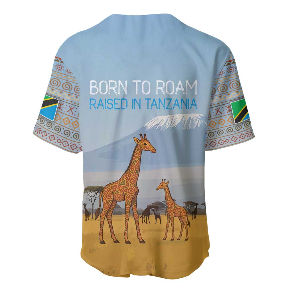 Tanzania Safari Giraffe Baseball Jersey with Tribal Patterns and Mount Kilimanjaro Scene