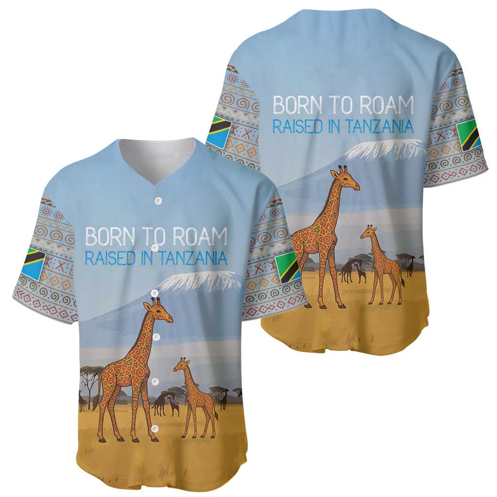 Tanzania Safari Giraffe Baseball Jersey with Tribal Patterns and Mount Kilimanjaro Scene