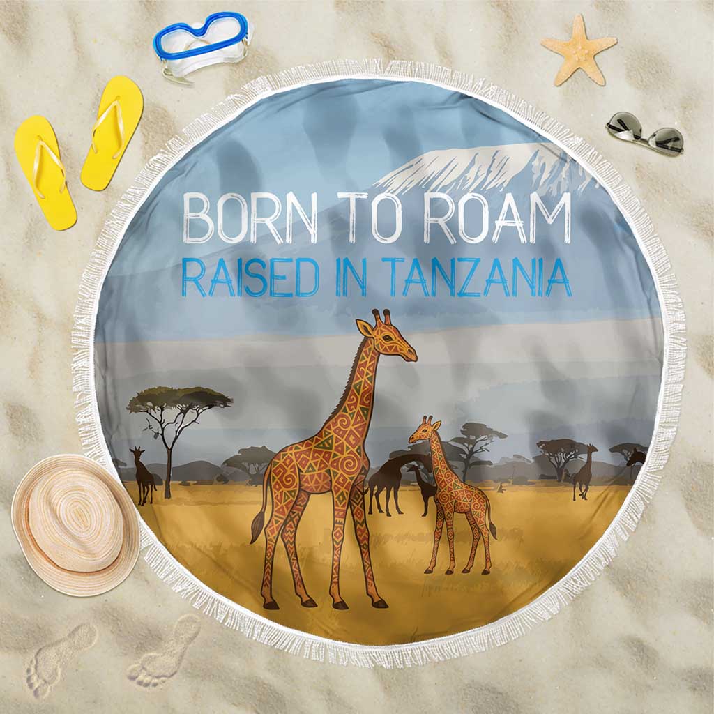Tanzania Safari Giraffe Beach Blanket with Tribal Patterns and Mount Kilimanjaro Scene