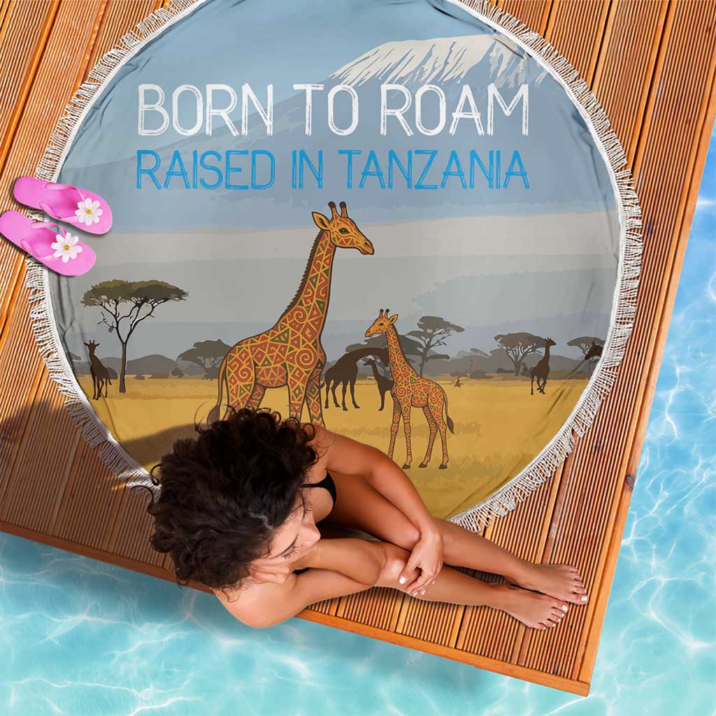 Tanzania Safari Giraffe Beach Blanket with Tribal Patterns and Mount Kilimanjaro Scene