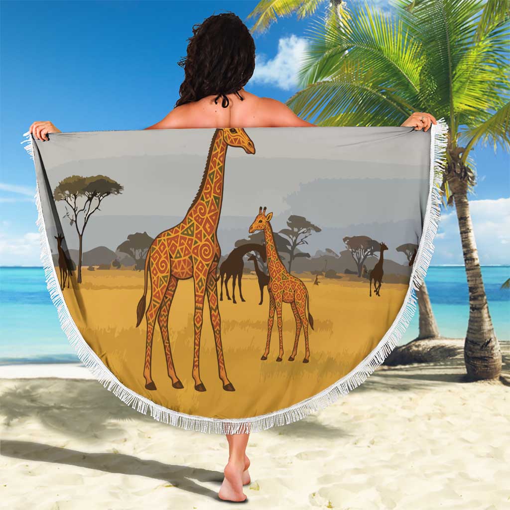 Tanzania Safari Giraffe Beach Blanket with Tribal Patterns and Mount Kilimanjaro Scene