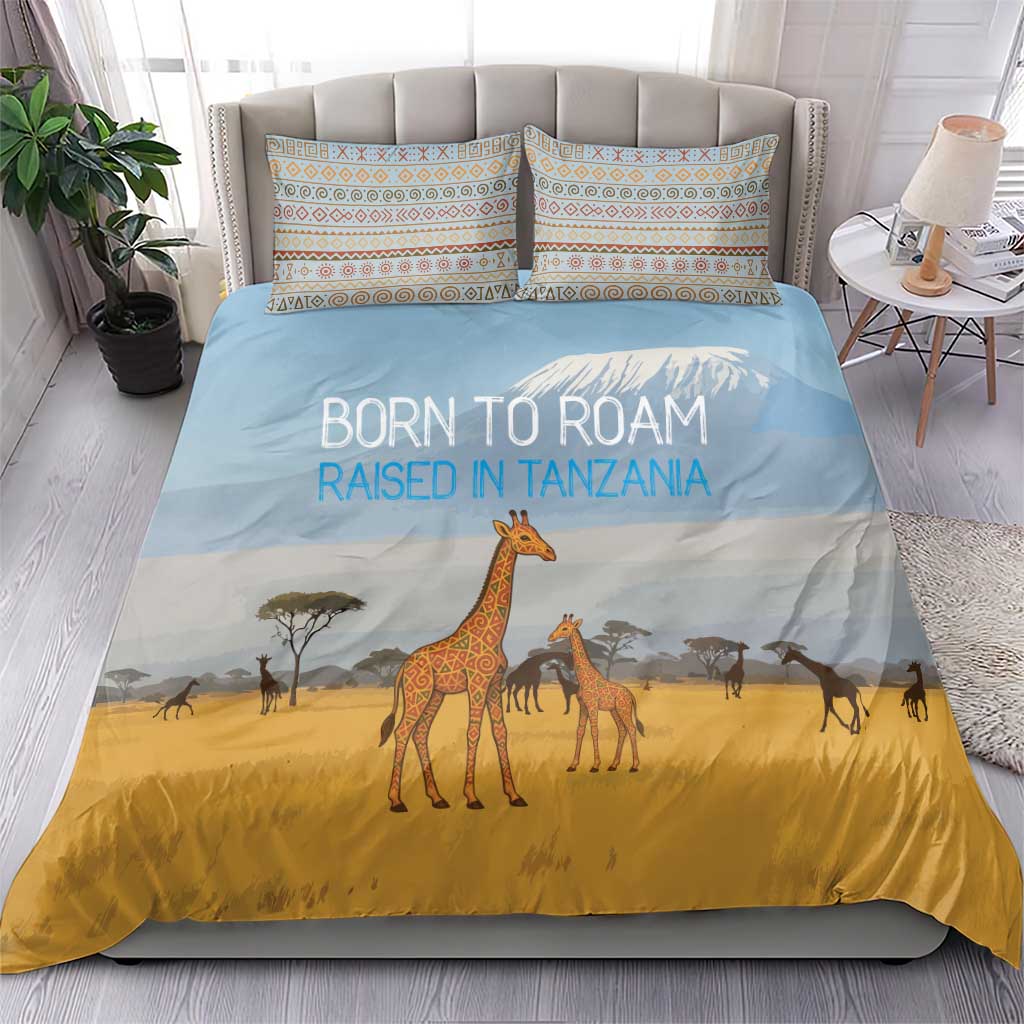 Tanzania Safari Giraffe Bedding Set with Tribal Patterns and Mount Kilimanjaro Scene