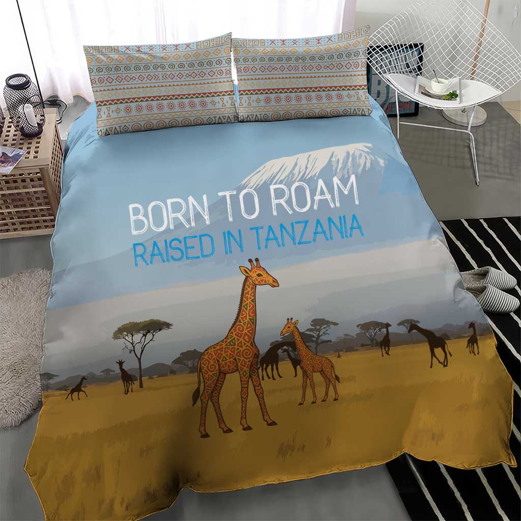 Tanzania Safari Giraffe Bedding Set with Tribal Patterns and Mount Kilimanjaro Scene