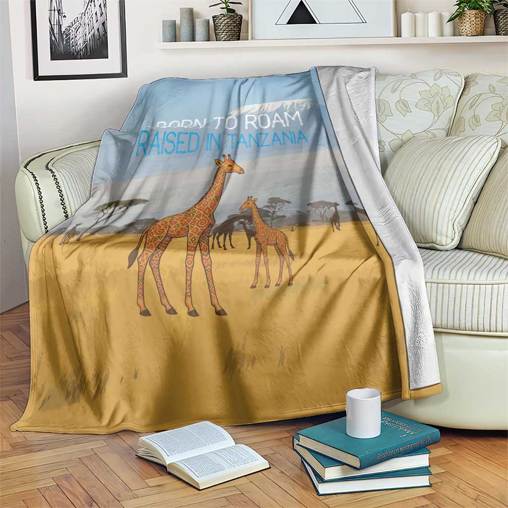 Tanzania Safari Giraffe Blanket with Tribal Patterns and Mount Kilimanjaro Scene