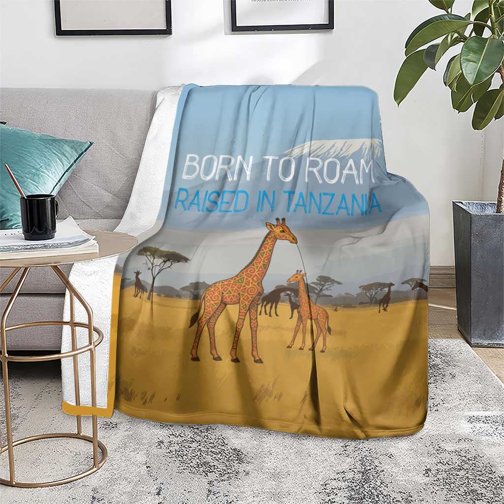 Tanzania Safari Giraffe Blanket with Tribal Patterns and Mount Kilimanjaro Scene