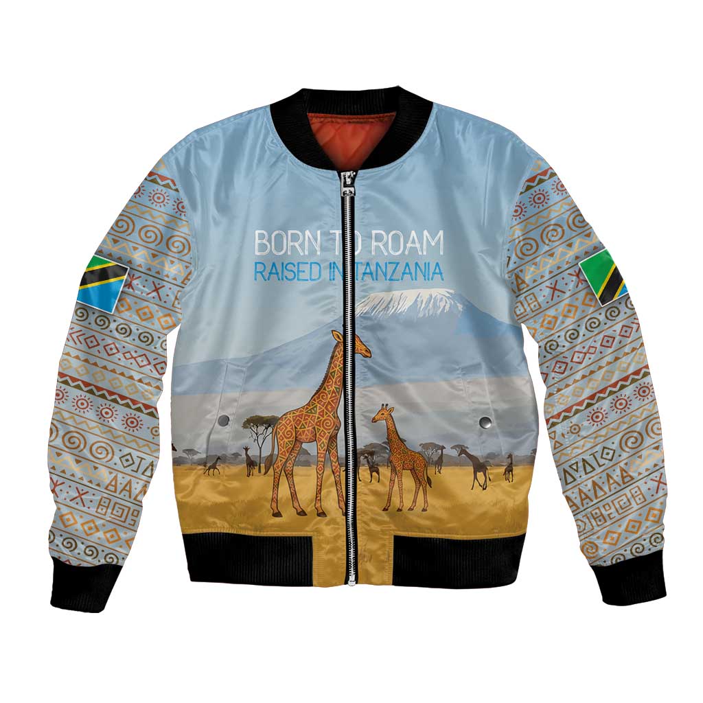 Tanzania Safari Giraffe Bomber Jacket with Tribal Patterns and Mount Kilimanjaro Scene