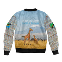 Tanzania Safari Giraffe Bomber Jacket with Tribal Patterns and Mount Kilimanjaro Scene