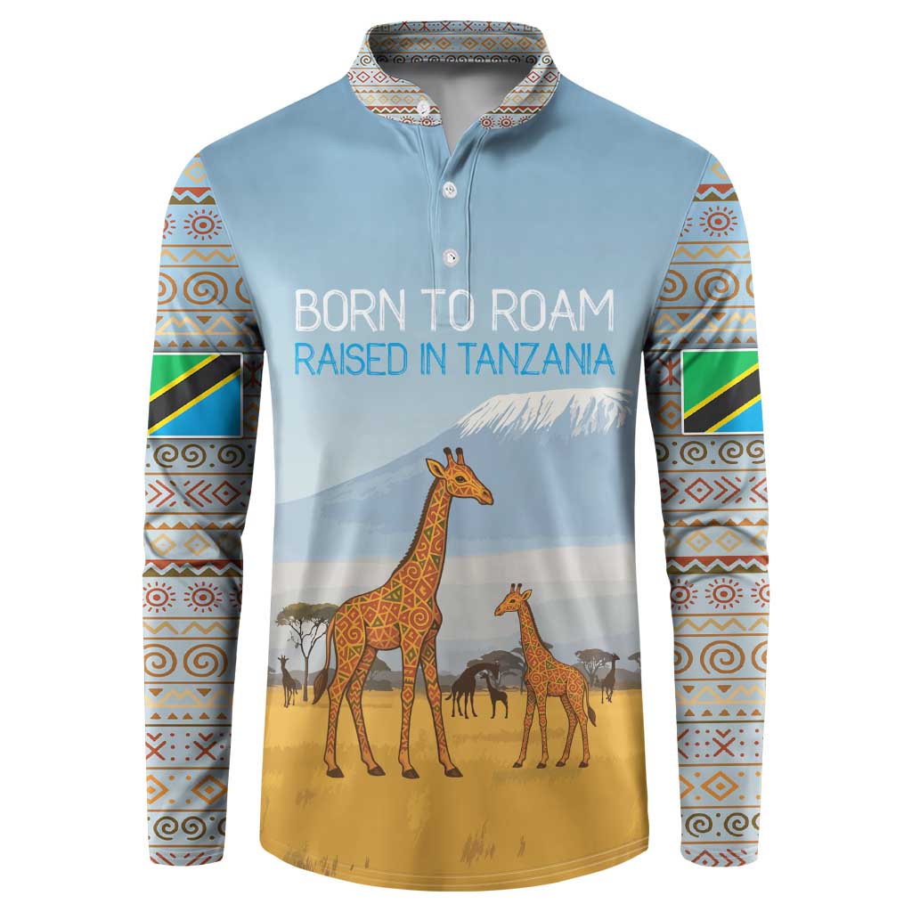 Tanzania Safari Giraffe Button Sweatshirt with Tribal Patterns and Mount Kilimanjaro Scene