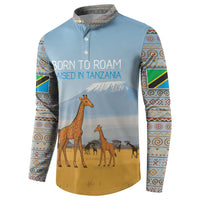 Tanzania Safari Giraffe Button Sweatshirt with Tribal Patterns and Mount Kilimanjaro Scene