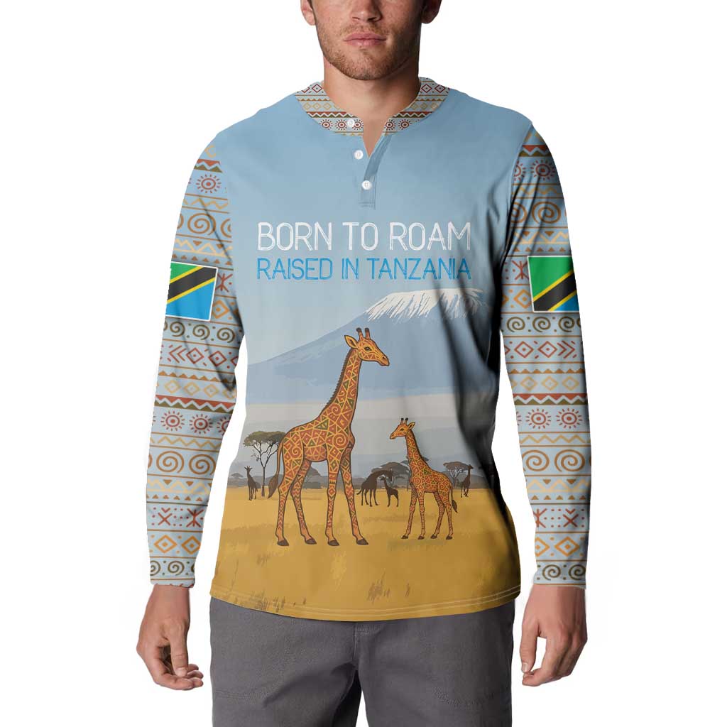 Tanzania Safari Giraffe Button Sweatshirt with Tribal Patterns and Mount Kilimanjaro Scene
