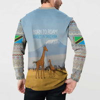 Tanzania Safari Giraffe Button Sweatshirt with Tribal Patterns and Mount Kilimanjaro Scene