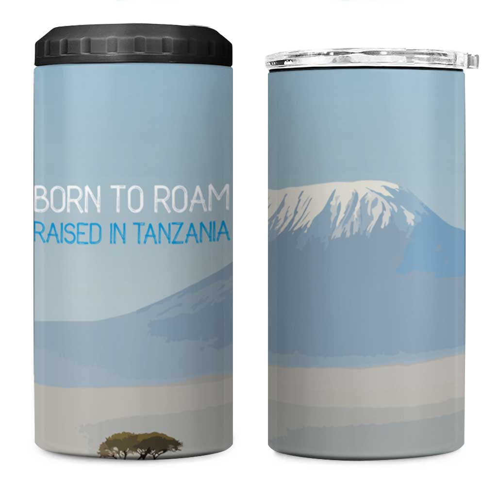 Tanzania Safari Giraffe 4 in 1 Can Cooler Tumbler with Tribal Patterns and Mount Kilimanjaro Scene