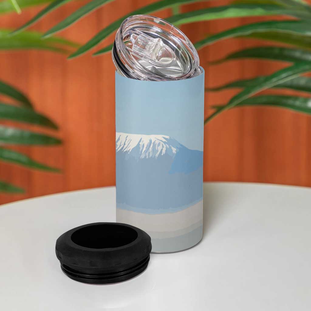 Tanzania Safari Giraffe 4 in 1 Can Cooler Tumbler with Tribal Patterns and Mount Kilimanjaro Scene