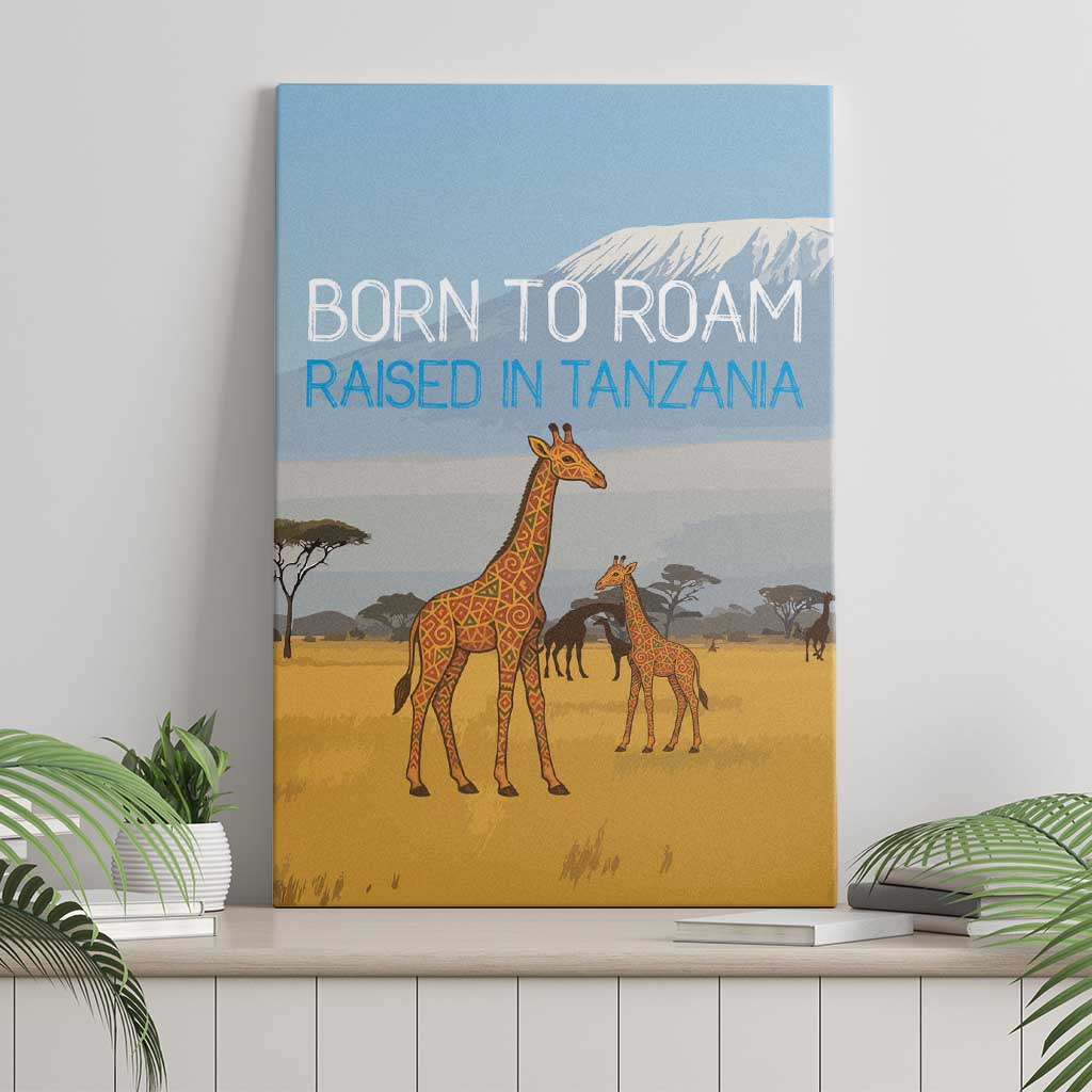 Tanzania Safari Giraffe Canvas Wall Art with Tribal Patterns and Mount Kilimanjaro Scene