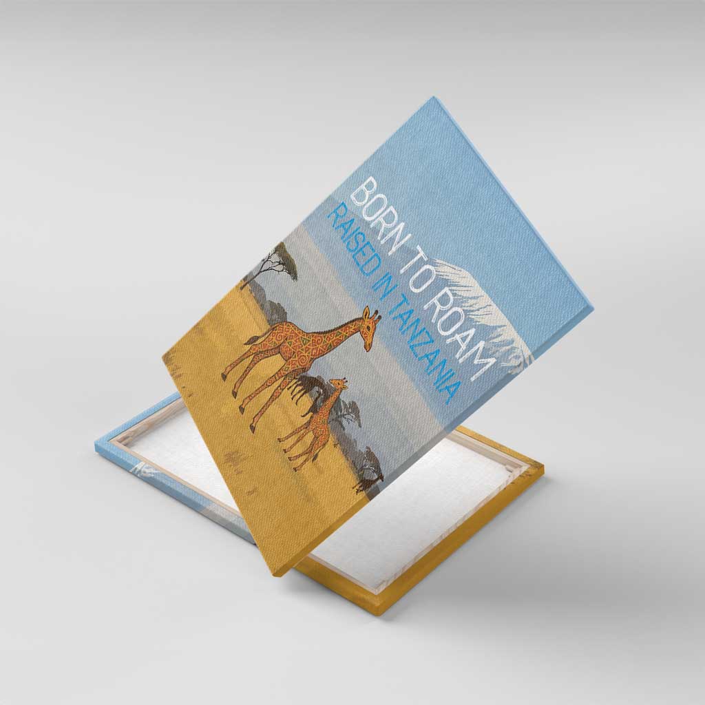 Tanzania Safari Giraffe Canvas Wall Art with Tribal Patterns and Mount Kilimanjaro Scene