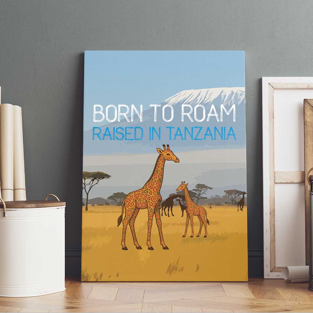 Tanzania Safari Giraffe Canvas Wall Art with Tribal Patterns and Mount Kilimanjaro Scene