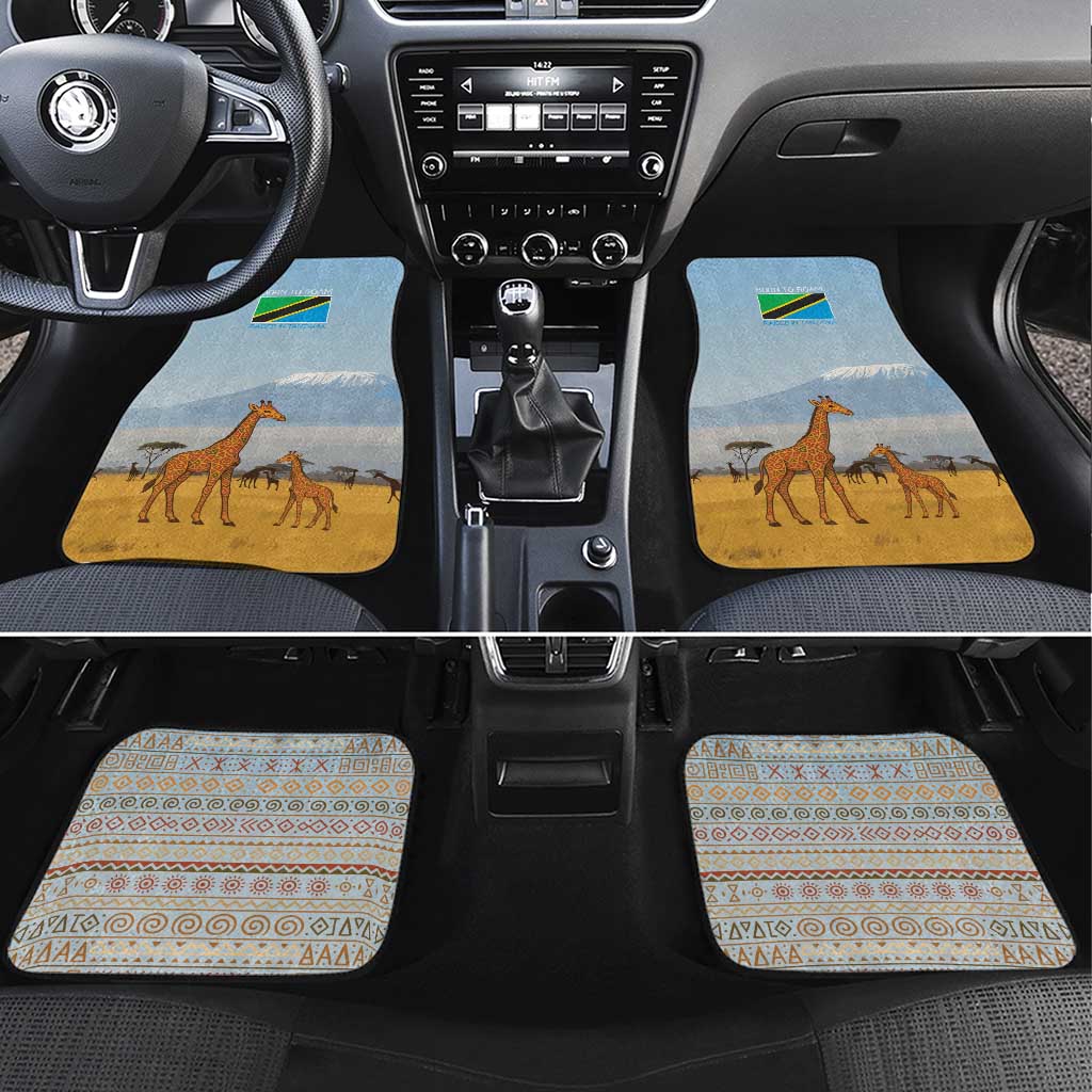 Tanzania Safari Giraffe Car Mats with Tribal Patterns and Mount Kilimanjaro Scene