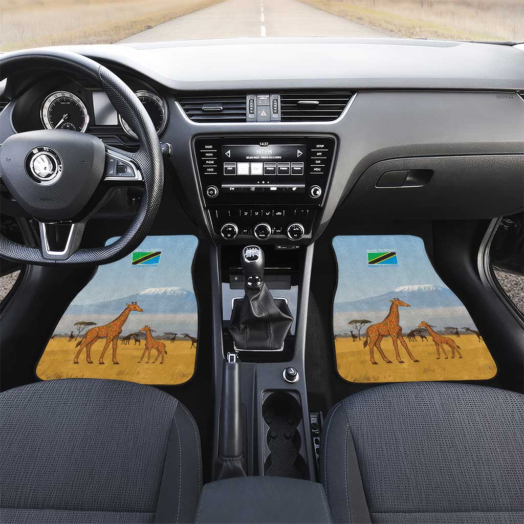 Tanzania Safari Giraffe Car Mats with Tribal Patterns and Mount Kilimanjaro Scene