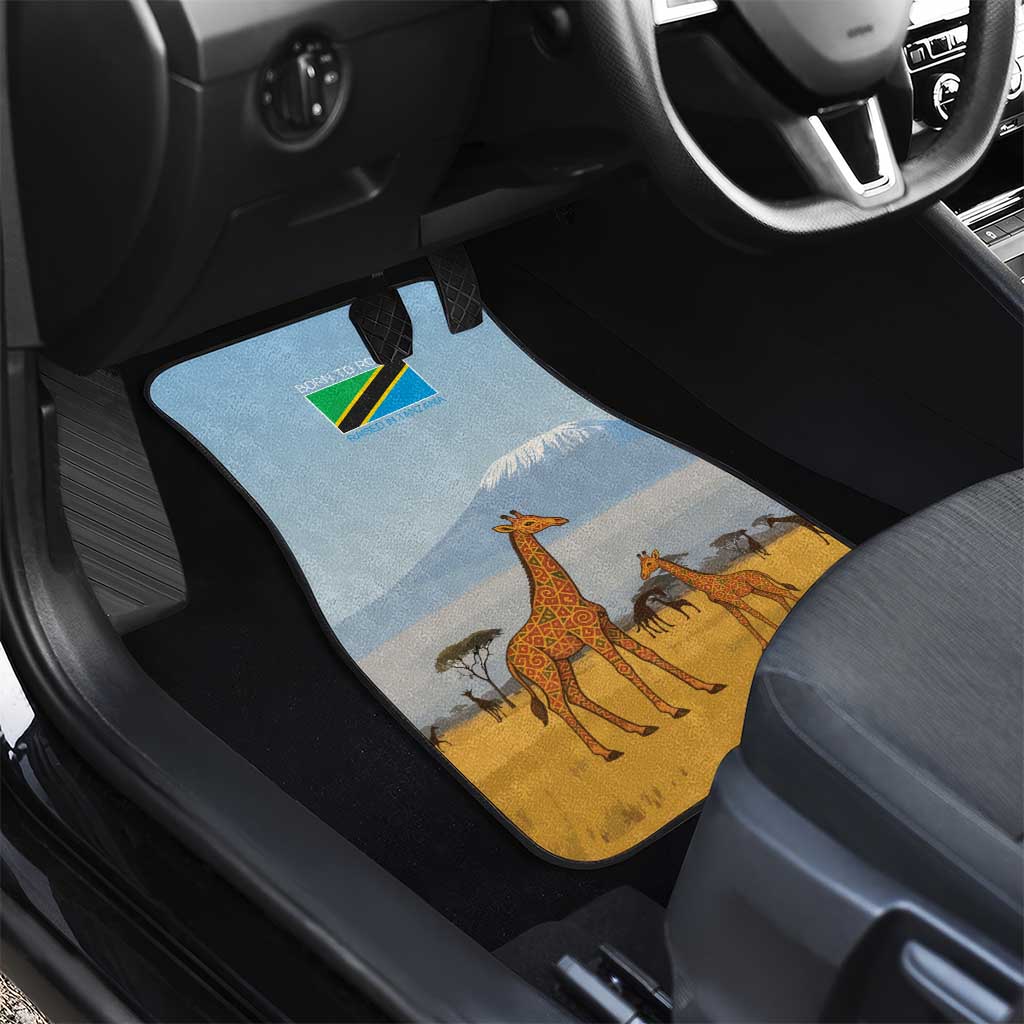 Tanzania Safari Giraffe Car Mats with Tribal Patterns and Mount Kilimanjaro Scene