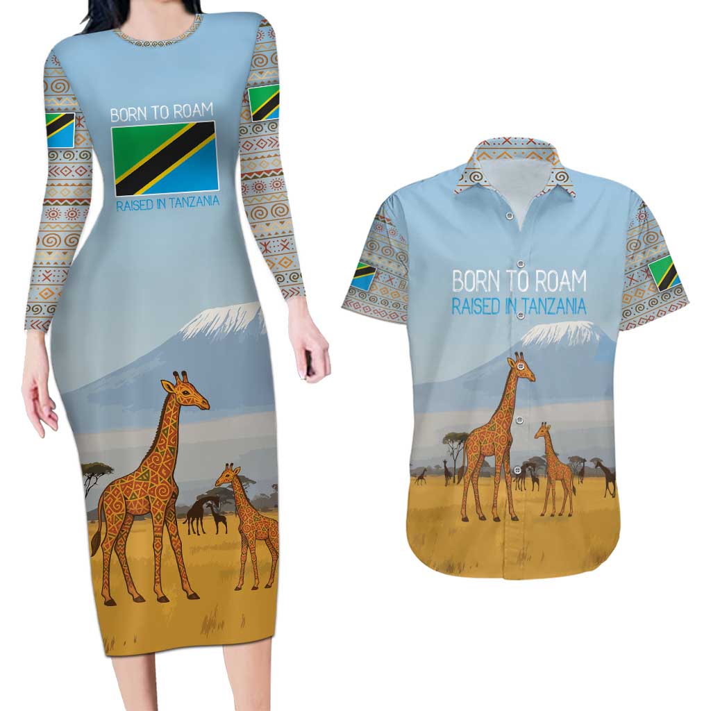 Tanzania Safari Giraffe Couples Matching Long Sleeve Bodycon Dress and Hawaiian Shirt with Tribal Patterns and Mount Kilimanjaro Scene