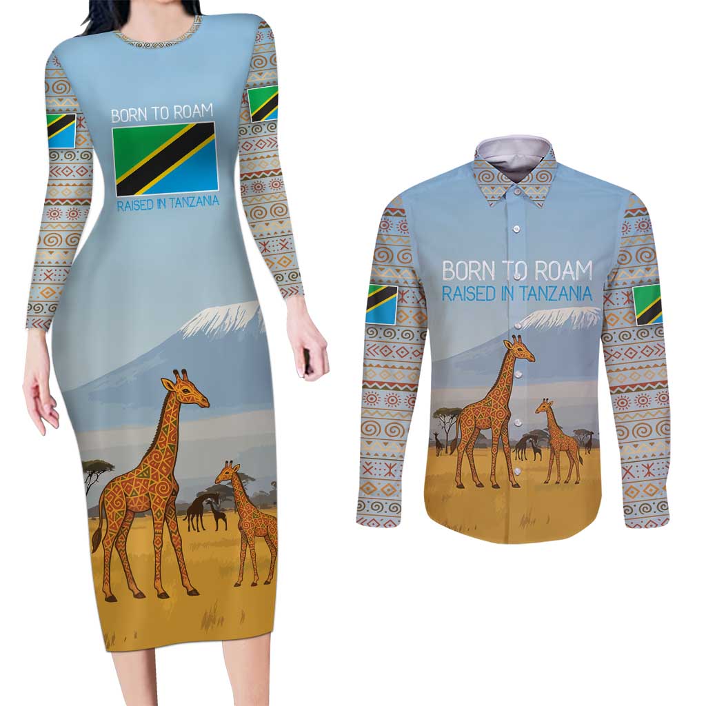 Tanzania Safari Giraffe Couples Matching Long Sleeve Bodycon Dress and Long Sleeve Button Shirt with Tribal Patterns and Mount Kilimanjaro Scene