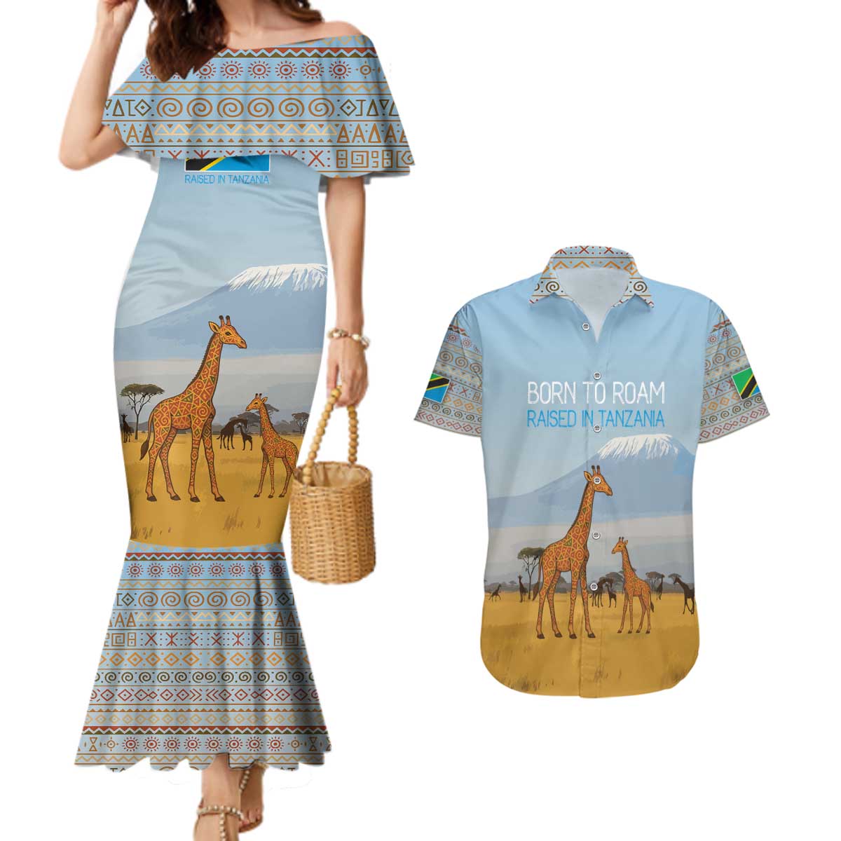 Tanzania Safari Giraffe Couples Matching Mermaid Dress and Hawaiian Shirt with Tribal Patterns and Mount Kilimanjaro Scene