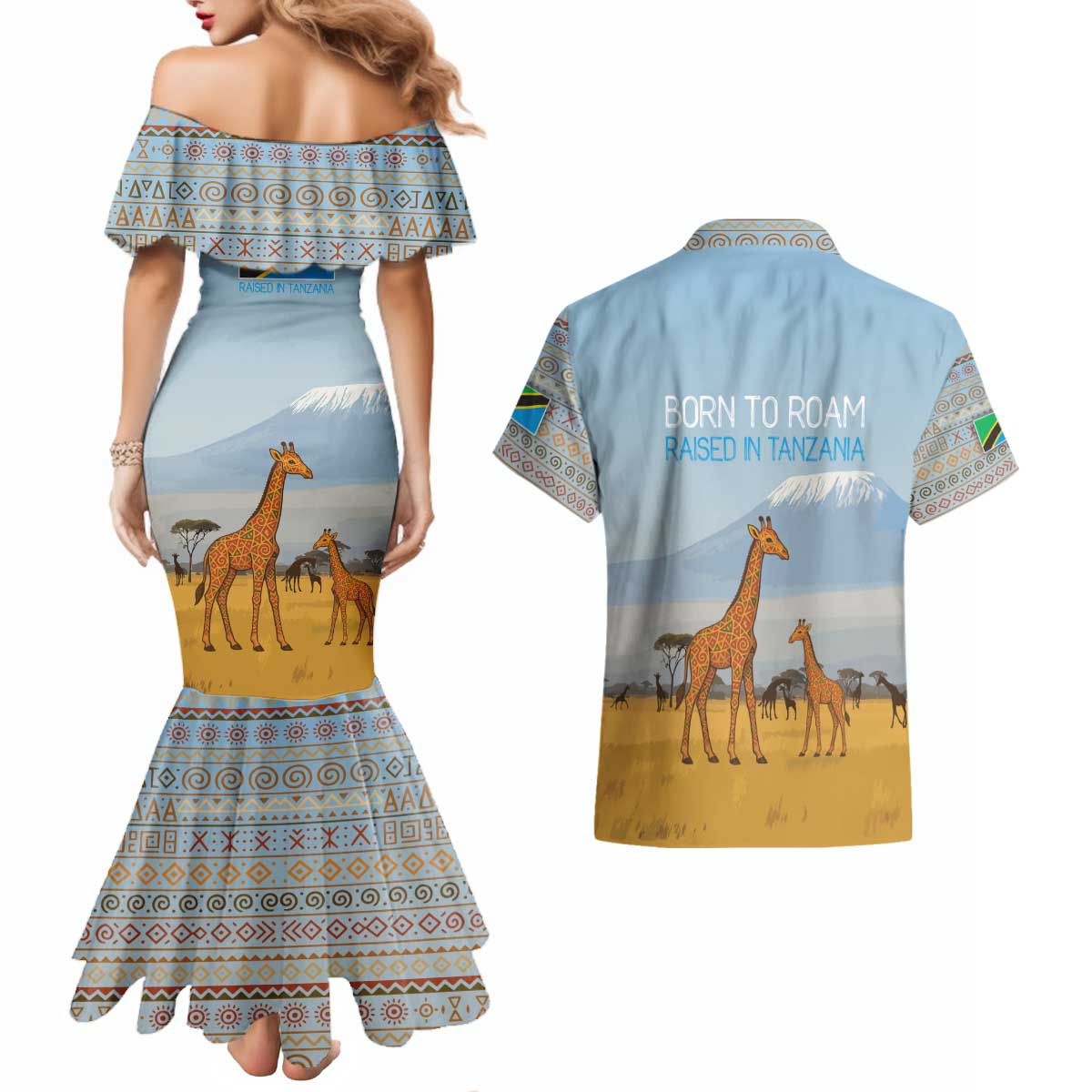 Tanzania Safari Giraffe Couples Matching Mermaid Dress and Hawaiian Shirt with Tribal Patterns and Mount Kilimanjaro Scene