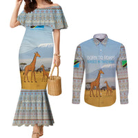 Tanzania Safari Giraffe Couples Matching Mermaid Dress and Long Sleeve Button Shirt with Tribal Patterns and Mount Kilimanjaro Scene