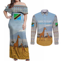 Tanzania Safari Giraffe Couples Matching Off Shoulder Maxi Dress and Long Sleeve Button Shirt with Tribal Patterns and Mount Kilimanjaro Scene