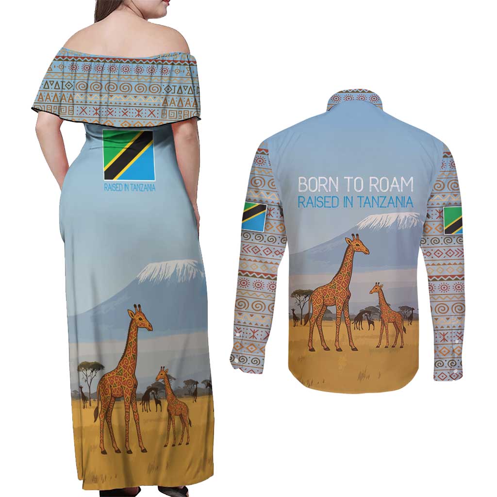 Tanzania Safari Giraffe Couples Matching Off Shoulder Maxi Dress and Long Sleeve Button Shirt with Tribal Patterns and Mount Kilimanjaro Scene