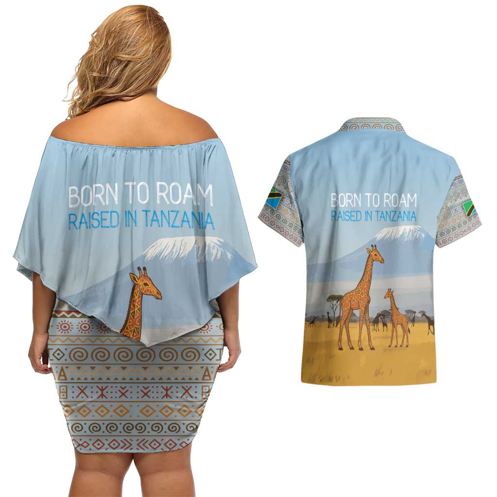Tanzania Safari Giraffe Couples Matching Off Shoulder Short Dress and Hawaiian Shirt with Tribal Patterns and Mount Kilimanjaro Scene