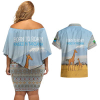 Tanzania Safari Giraffe Couples Matching Off Shoulder Short Dress and Hawaiian Shirt with Tribal Patterns and Mount Kilimanjaro Scene