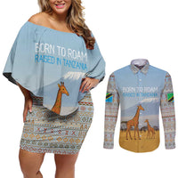 Tanzania Safari Giraffe Couples Matching Off Shoulder Short Dress and Long Sleeve Button Shirt with Tribal Patterns and Mount Kilimanjaro Scene