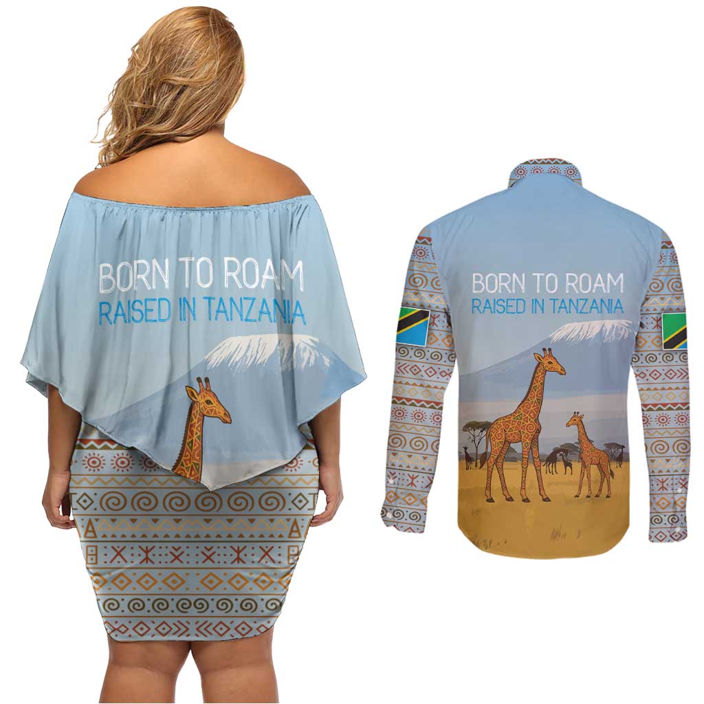 Tanzania Safari Giraffe Couples Matching Off Shoulder Short Dress and Long Sleeve Button Shirt with Tribal Patterns and Mount Kilimanjaro Scene