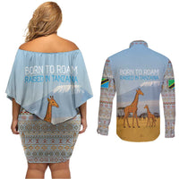 Tanzania Safari Giraffe Couples Matching Off Shoulder Short Dress and Long Sleeve Button Shirt with Tribal Patterns and Mount Kilimanjaro Scene
