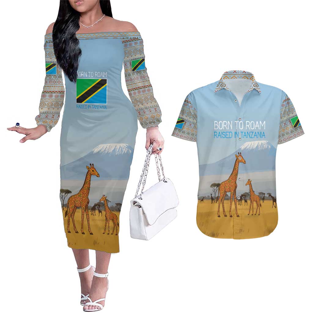 Tanzania Safari Giraffe Couples Matching Off The Shoulder Long Sleeve Dress and Hawaiian Shirt with Tribal Patterns and Mount Kilimanjaro Scene