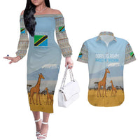 Tanzania Safari Giraffe Couples Matching Off The Shoulder Long Sleeve Dress and Hawaiian Shirt with Tribal Patterns and Mount Kilimanjaro Scene