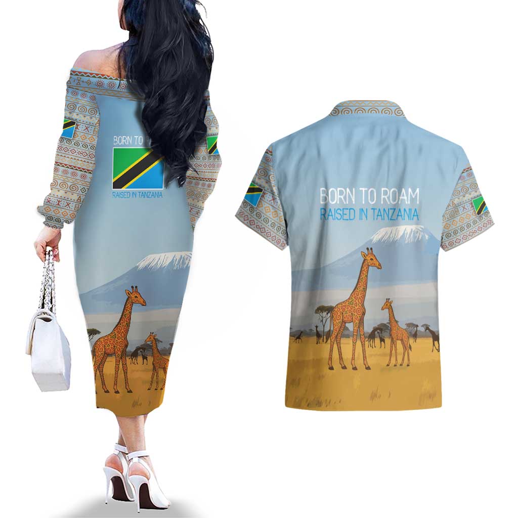 Tanzania Safari Giraffe Couples Matching Off The Shoulder Long Sleeve Dress and Hawaiian Shirt with Tribal Patterns and Mount Kilimanjaro Scene
