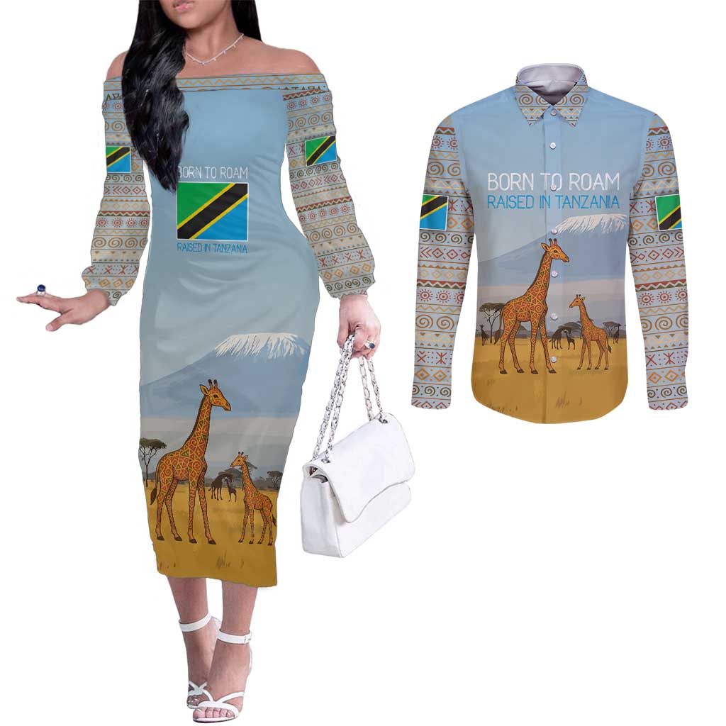 Tanzania Safari Giraffe Couples Matching Off The Shoulder Long Sleeve Dress and Long Sleeve Button Shirt with Tribal Patterns and Mount Kilimanjaro Scene