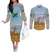 Tanzania Safari Giraffe Couples Matching Off The Shoulder Long Sleeve Dress and Long Sleeve Button Shirt with Tribal Patterns and Mount Kilimanjaro Scene