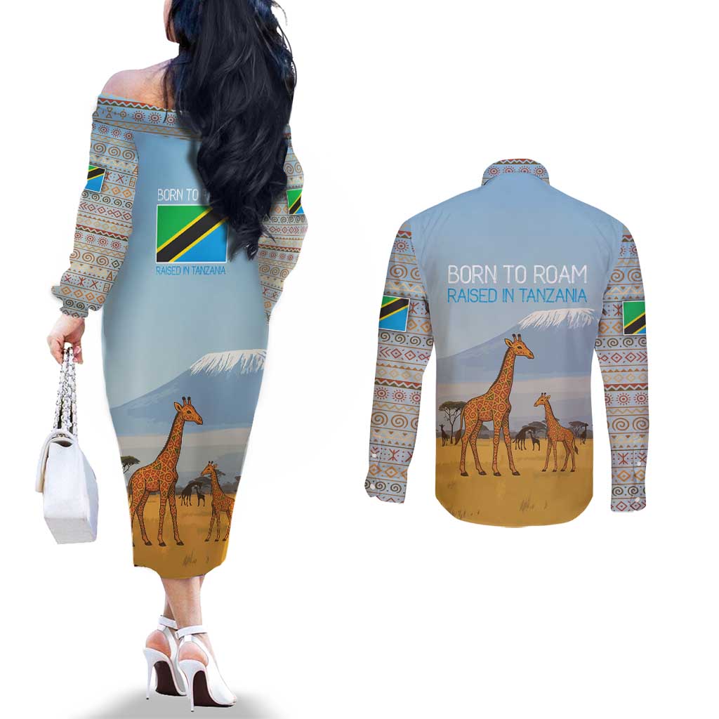Tanzania Safari Giraffe Couples Matching Off The Shoulder Long Sleeve Dress and Long Sleeve Button Shirt with Tribal Patterns and Mount Kilimanjaro Scene