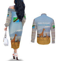 Tanzania Safari Giraffe Couples Matching Off The Shoulder Long Sleeve Dress and Long Sleeve Button Shirt with Tribal Patterns and Mount Kilimanjaro Scene