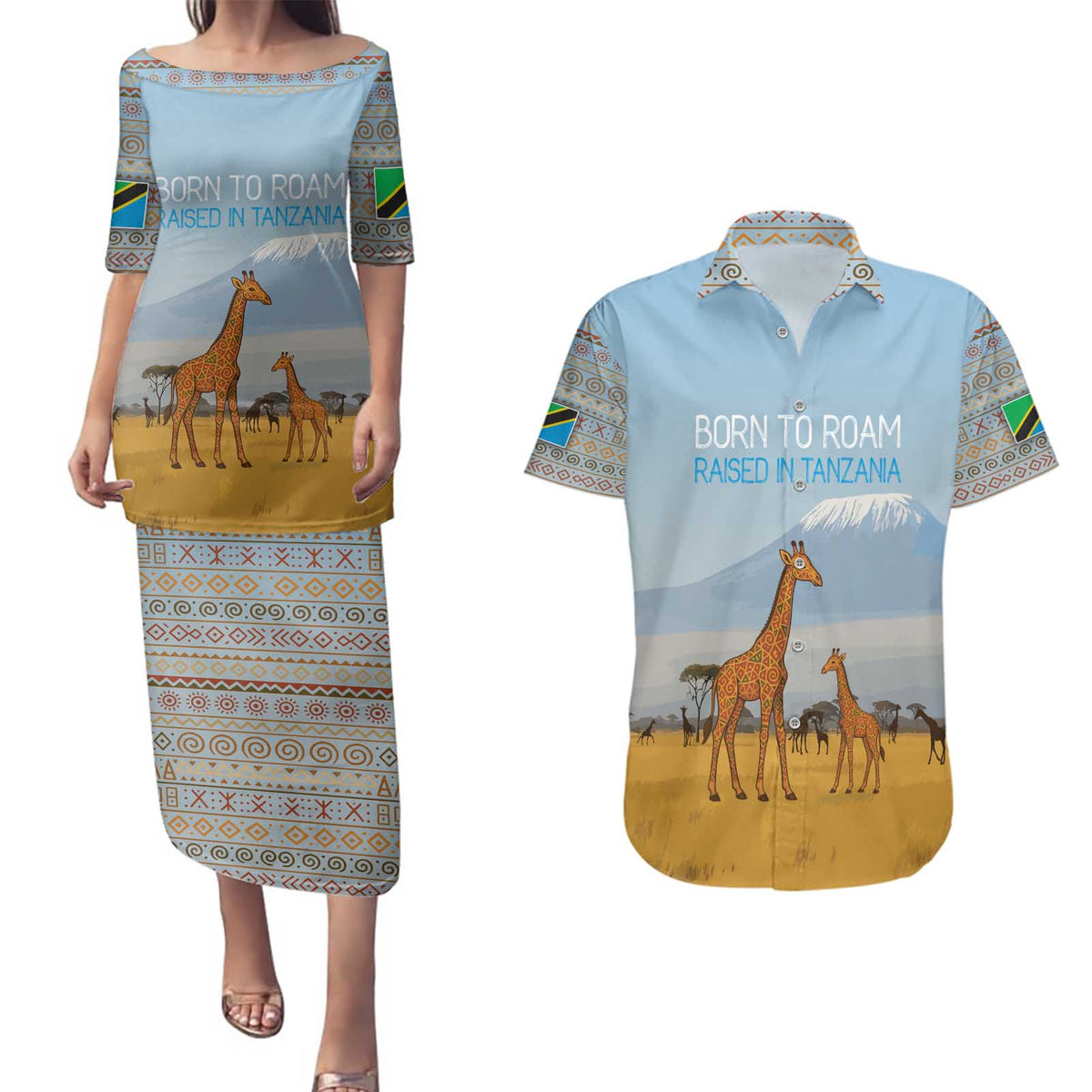 Tanzania Safari Giraffe Couples Matching Puletasi and Hawaiian Shirt with Tribal Patterns and Mount Kilimanjaro Scene