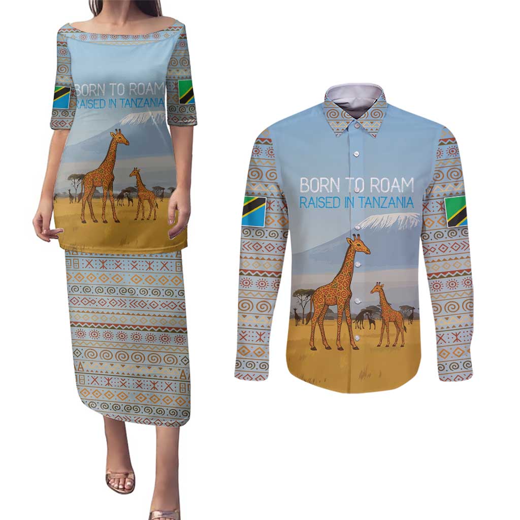 Tanzania Safari Giraffe Couples Matching Puletasi and Long Sleeve Button Shirt with Tribal Patterns and Mount Kilimanjaro Scene