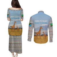 Tanzania Safari Giraffe Couples Matching Puletasi and Long Sleeve Button Shirt with Tribal Patterns and Mount Kilimanjaro Scene
