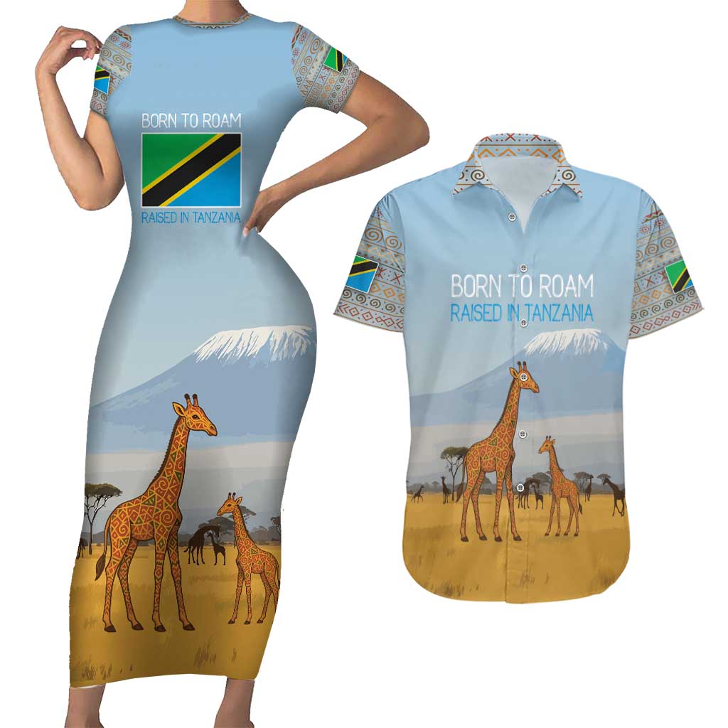 Tanzania Safari Giraffe Couples Matching Short Sleeve Bodycon Dress and Hawaiian Shirt with Tribal Patterns and Mount Kilimanjaro Scene