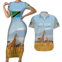 Tanzania Safari Giraffe Couples Matching Short Sleeve Bodycon Dress and Hawaiian Shirt with Tribal Patterns and Mount Kilimanjaro Scene