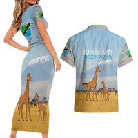 Tanzania Safari Giraffe Couples Matching Short Sleeve Bodycon Dress and Hawaiian Shirt with Tribal Patterns and Mount Kilimanjaro Scene