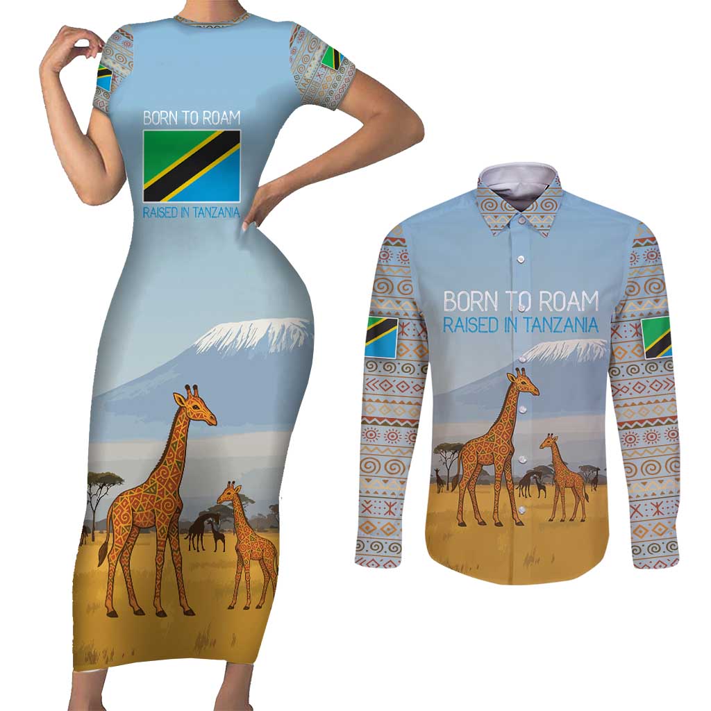 Tanzania Safari Giraffe Couples Matching Short Sleeve Bodycon Dress and Long Sleeve Button Shirt with Tribal Patterns and Mount Kilimanjaro Scene