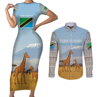 Tanzania Safari Giraffe Couples Matching Short Sleeve Bodycon Dress and Long Sleeve Button Shirt with Tribal Patterns and Mount Kilimanjaro Scene